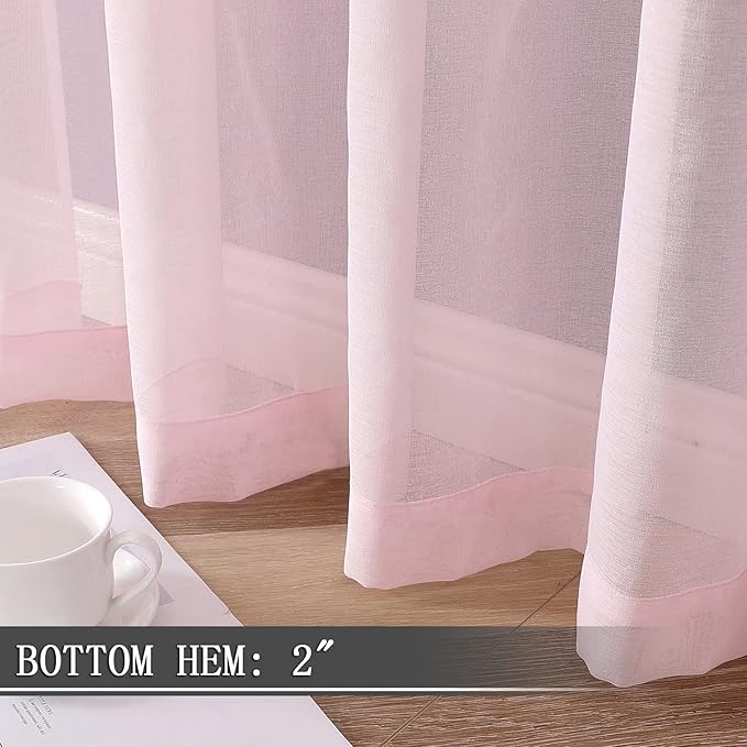 Tollpiz Sheer Curtain Linen Textured Bedroom Curtains Sheer Light Filtering Rod Pocket Voile Curtain for Living Room, 54 x 95 inches Long, Pink, Set of 2 Panels