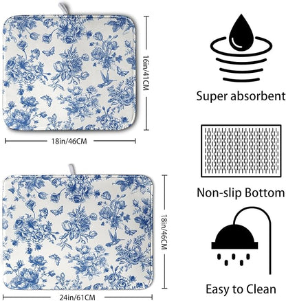 Dish Drying Mat for Kitchen Counter Blue and White Floral Drying Mats - Image 2