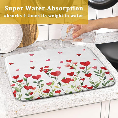 Valentines Day Dish Drying Mat for Kitchen Counter 18x16 Inch Green Red Heart - Image 7