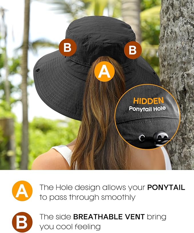 FURTALK Sun Hats for Women with Ponytail Hole Wide Brim Beach Bucket Hat UPF 50+ Fishing Hiking Outdoor Hats