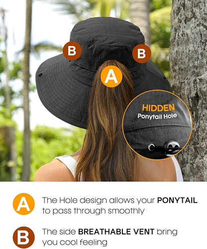 FURTALK Sun Hats for Women with Ponytail Hole Wide Brim Beach Bucket Hat UPF 50+ Fishing Hiking Outdoor Hats