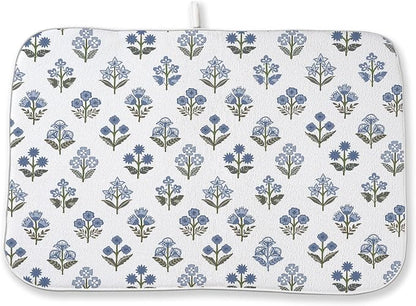 Blue Green Dish Drying Mat 18x24 Inch Vintage Block Print Floral Drying Mat by DAFENA