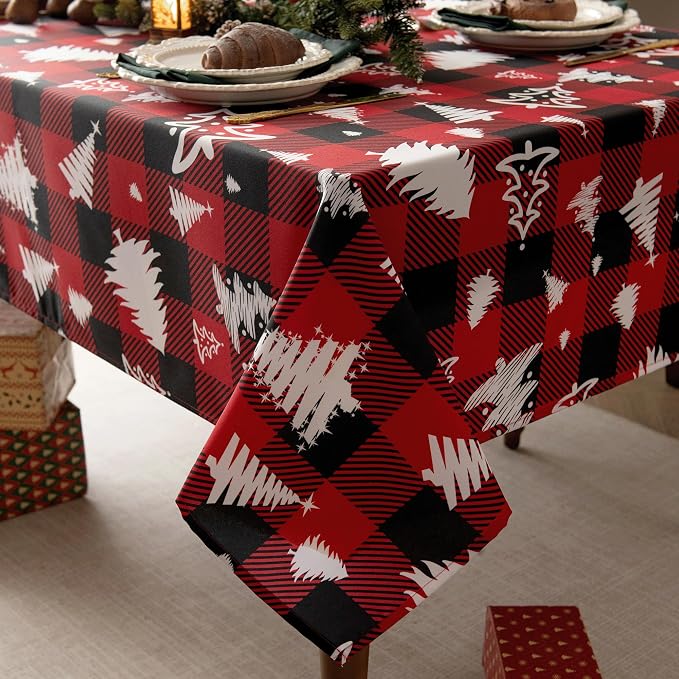 Red Gingham Plaid Christmas Tree Tablecloth by Essifunia