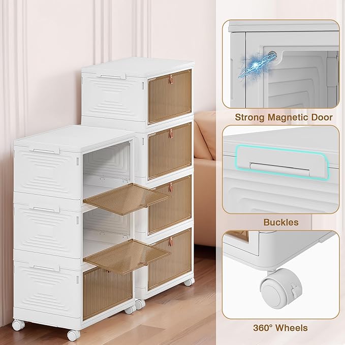 VECELO 3 Tier Storage Bins with Lid, Stackable Storage Boxes with Magnetic Doors & Wheels, Foldable Storage Containers, 23 QT Closet Organizers and Storage for Living Room, Office, Dorm