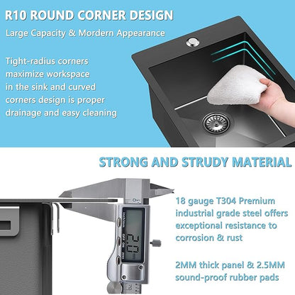 15x20 Drop In Bar Sink Black, 15 Inch Gunmetal Black Wet Bar Sink 18 Gauge Single Bowl Topmount Stainless Steel Small Kitchen Sink with Basket Strainer Drain & Bottom Grid