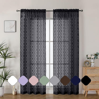Aiyufeng Sheer Black Curtains 84 Inches Long 2 Panels, Solid Airy Light - Image 2