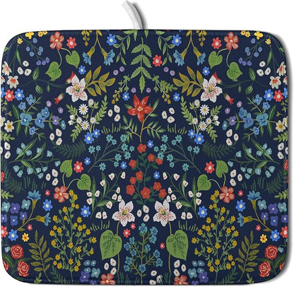 Flower Floral Dish Drying Mat Microfiber Navy Blue Absorbent Drying Pad by Giwawa