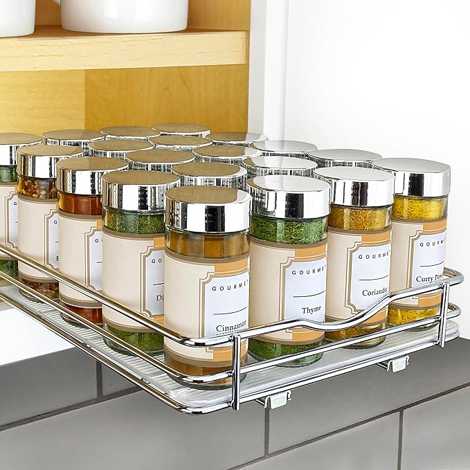 LYNK PROFESSIONAL® Pull Out Spice Rack Organizer for Inside Kitchen Cabinets - 8-1/4 inch Wide - Slide Out Drawer – Chrome Sliding Spice Cabinet Organization Shelf Racks - 1 Tier