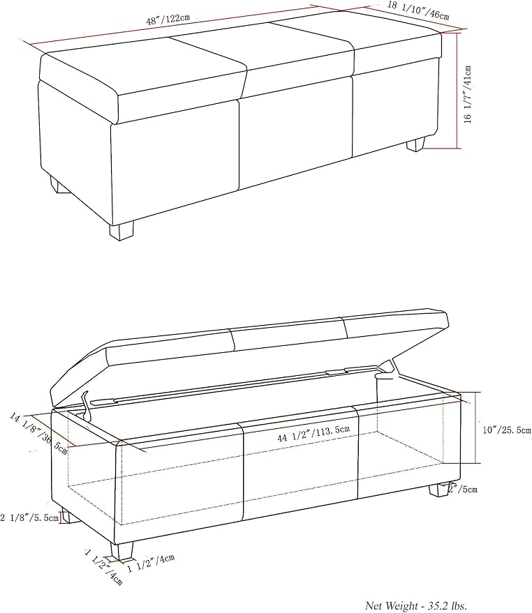SIMPLIHOME Avalon 48 inch Wide Contemporary Rectangle Storage Ottoman Bench in Cloud Grey Linen Look Fabric, Assembled, for the Living Room, Entryway and Family Room