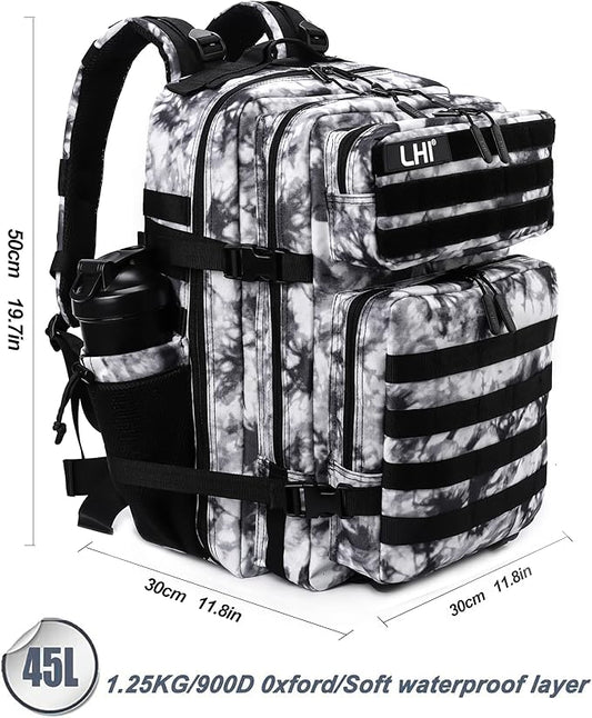 LHI Military Tactical Backpack for Men Molle Daypack 45L Army 3 Days Assault Pack Bag Large Rucksack With Bottle Holder Black and White(12*20*12)