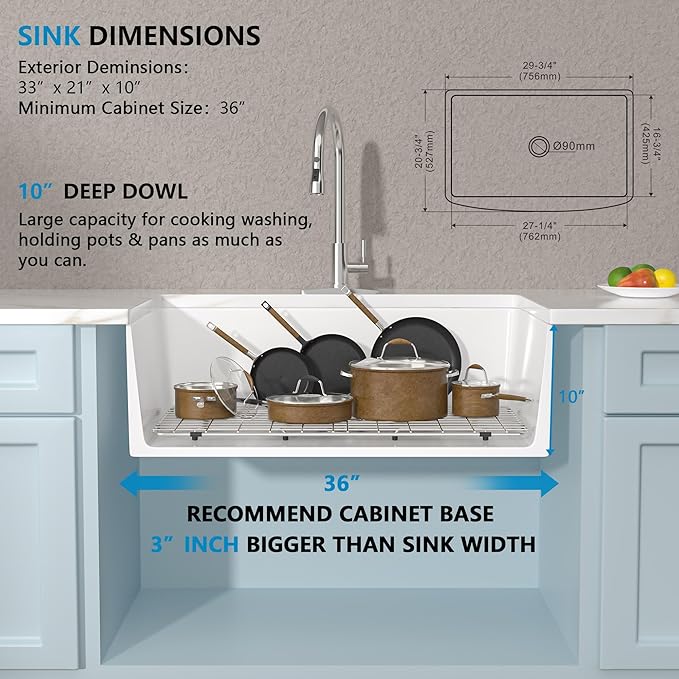 33 White Farm Sink - Fulorni 33"x21" Farmhouse Kitchen Sink Curved Apron Front Ceramic Porcelain Fireclay Single Bowl Farmer Style Basin