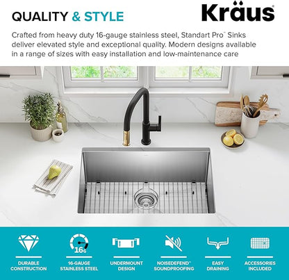 KRAUS Standart PRO 28-inch 16 Gauge Undermount Single Bowl Stainless Steel Kitchen Sink, KHU100-28