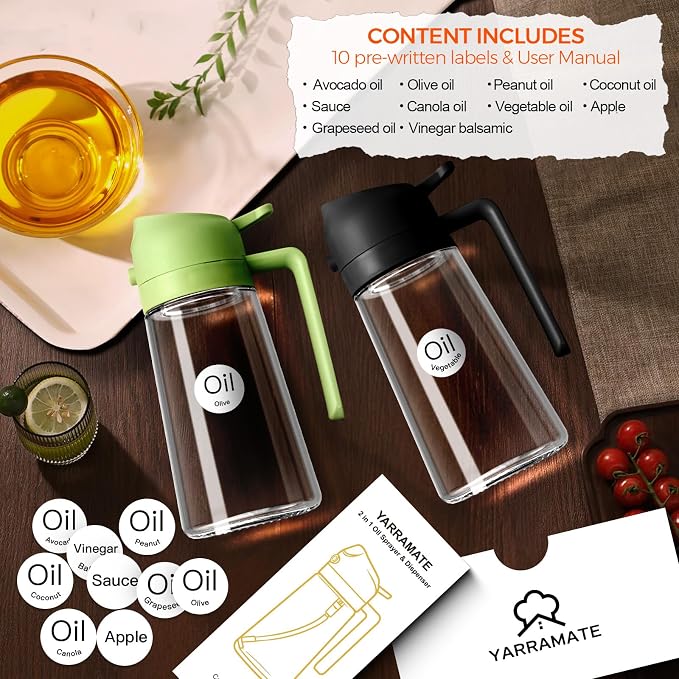 YARRAMATE 2Pcs 16oz/470ml Olive Oil Dispenser, Food-grade 2 in 1 Oil Glass - Image 2