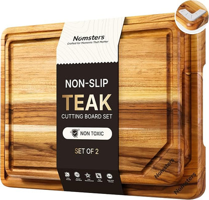 2 Pack Teak Wood Cutting Board Set Non Slip Over Sink Charcuterie Board Serving by Unknown