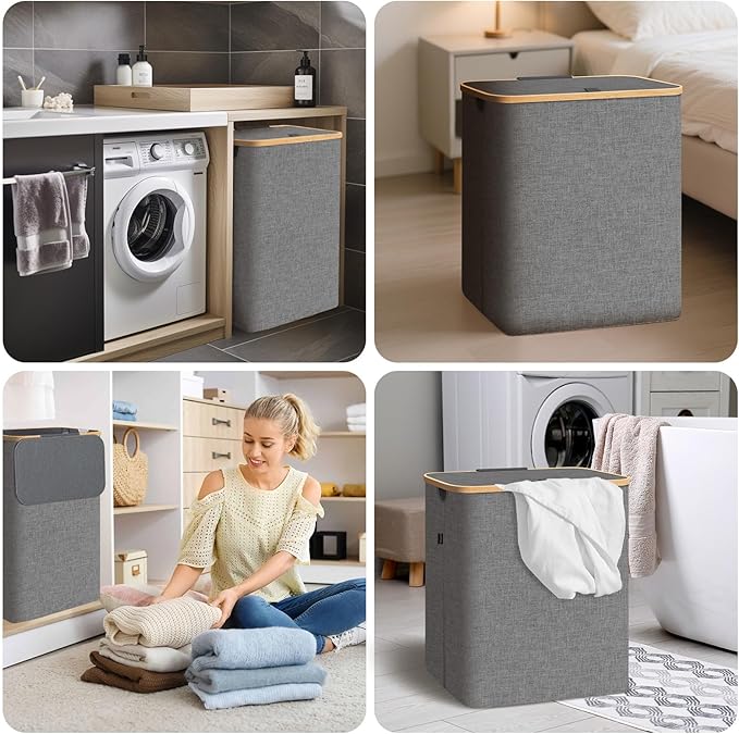 BALEINE Laundry Hamper with Lid, Tall Laundry Baskets with Bamboo Pull Handles, Large Laundry Bin with Internal Support (18 Gal/70L, Grey)