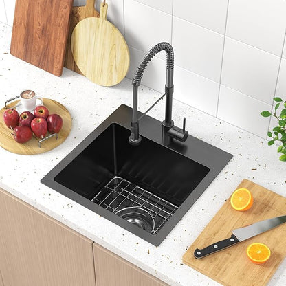 15 x 15 inch Drop in Bar Sink Black, Gunmetal Black Bar Sink 18 Gague Topmount Single Bowl Small Kitchen Sink with Basket Strainer Drain & Bottom Grid