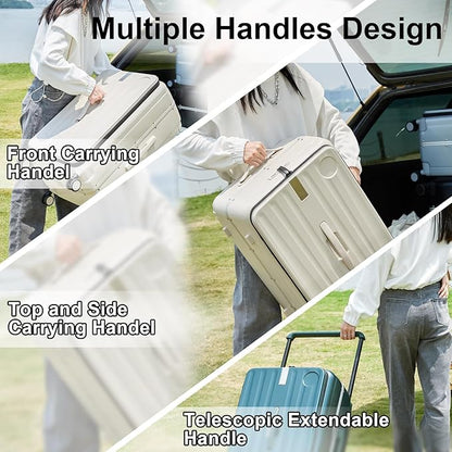 Hanke Multifunctional 26 Inch Checked Luggage Hard Shell Suitcases with Wheels Travel Trunk Style Luggage Large Rolling Suitcase for Women Men(Ivory White)