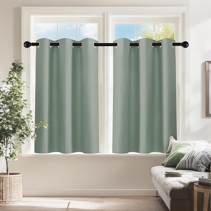PONY DANCE Sage Green Small Curtains for Bathroom, Black Out Thermal Insulated Short Window Drapes Grommet Room Darkening Half Window Curtains for Studio Dorm Loft(2 Panels, W 42 x L 36 inches)