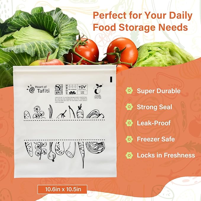 Compostable Food Storage Bags, Large Gallon Resealable Freezer Bags, 30 Count, 10.5 x 10.6 inches, Extra Thick and Reusable, Eco-Friendly, Certified US BPI ASTM D6400 Europe OK Compost