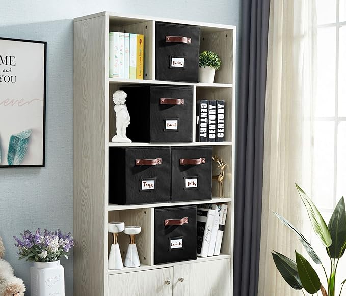 DECOMOMO Storage Bins, Cube Storage Bin with Labels, Fabric Storage Cubes for Shelves (10.5" x 11" / 6pcs, Black)
