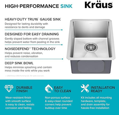 KRAUS Standart Pro 14 -inch Undermount Single Bowl 16 Gauge Stainless Steel Bar Kitchen Sink, KHU101-14