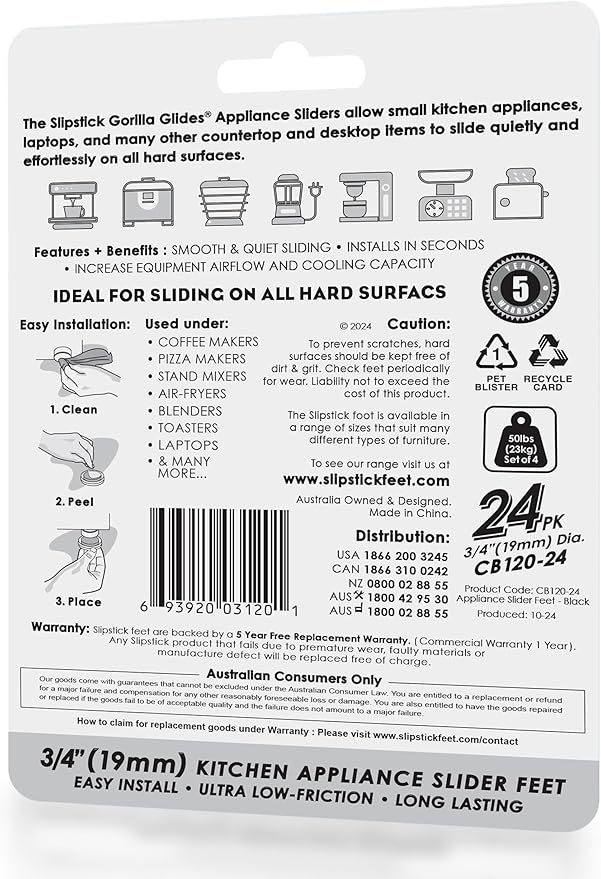 Slipstick GorillaGlides Kitchen Appliance Sliders (24 x 3/4” Round Glides) Self Adhesive Countertop Appliance Sliders Provide Easy Sliding and Saves Space on Counters