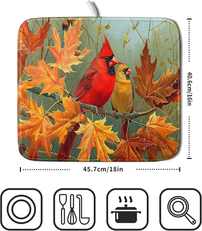 Giwawa Fall Birds Dish Drying Mat 16x18 Inch Autumn Maple Leaf Tree Dish - Image 2