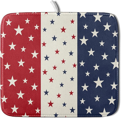 Blue Red White Star July of 4th Patriotic Dish Drying Mat by Aytipun