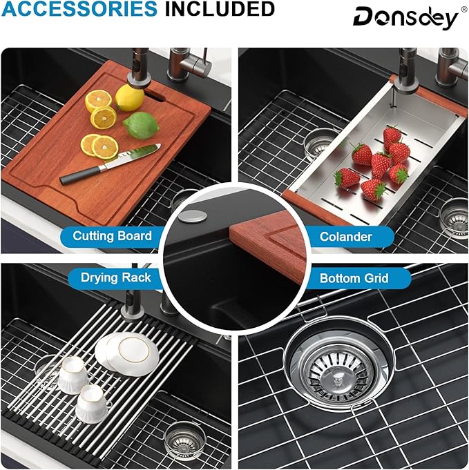 33 Inch Drop in Granite Composite Black Kitchen Sink-Donsdey Double Bowl Topmount 60/40 Basin Quartz Workstation Sink with Luxury Accessories Easy Cleaning Noise Reduction