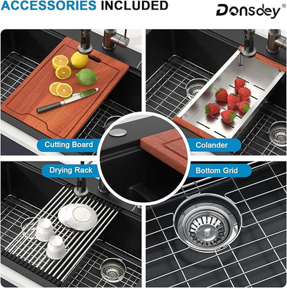 33 Inch Drop in Granite Composite Black Kitchen Sink-Donsdey Double Bowl Topmount 60/40 Basin Quartz Workstation Sink with Luxury Accessories Easy Cleaning Noise Reduction