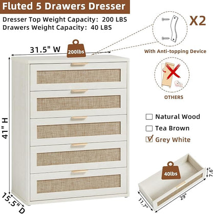 LEYAOYAO White Dresser for Bedroom, Modern 5 Drawers Boho Rattan Dressers - Image 3