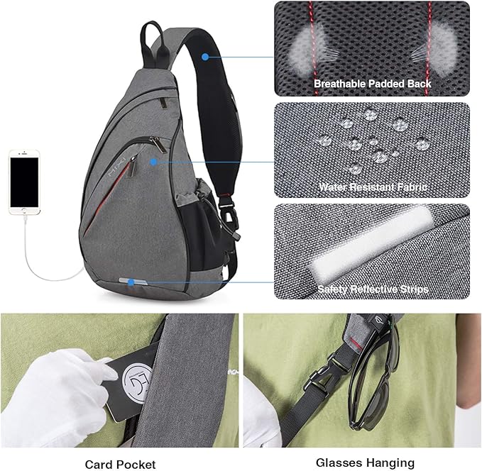 mixi Sling Bag Men Backpack Unisex One Shoulder Bag Hiking Travel Backpack Crossbody with USB Port for Men Women Versatile Casual Daypack-20 inch,Gery