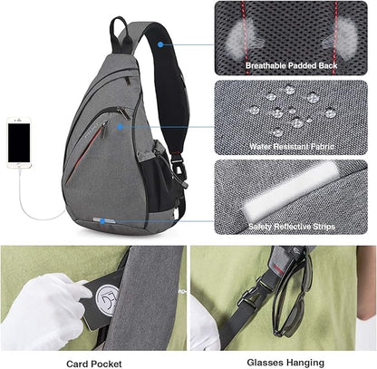 mixi Sling Bag Men Backpack Unisex One Shoulder Bag Hiking Travel Backpack Crossbody with USB Port for Men Women Versatile Casual Daypack-20 inch,Gery