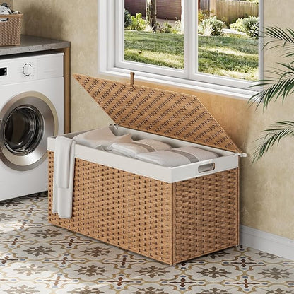 HOOBRO Storage Basket with Lid, 52.8 Gallon Wicker Basket, Handwoven Blanket - Image 3