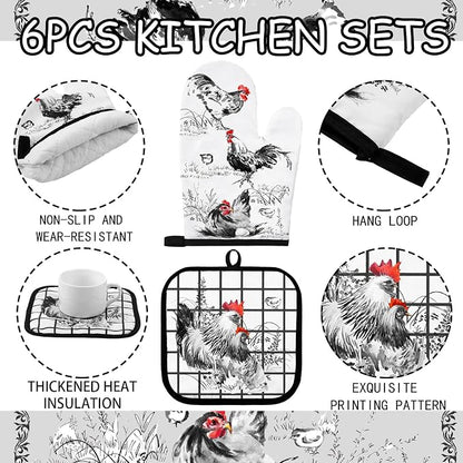 Leinuosen 6 Ink Rooster Farmhouse Kitchen Decor Dish Towels Oven Mitts and Pot - Image 5