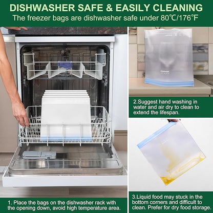 SPLF 6 Pack Stand-Up Reusable Gallon Freezer Bags Dishwasher Safe, Extra Thick 1 Gallon Leakproof Food Storage Bags, BPA and Silicone Free Freezer Bags for Meal Prep, Bread, Veggies, Home Organization