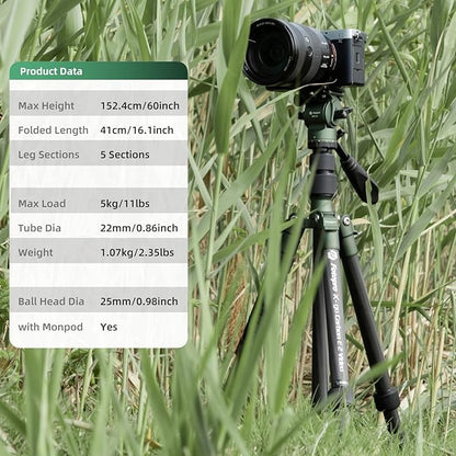 Fotopro 59" Carbon Fiber Travel Tripod, Compact Video Tripods with Fluid Head, Detachable Monopod with Quick Release Plate and Bag, Camera Tripod Load up to 8KG/17.63lbs, Green