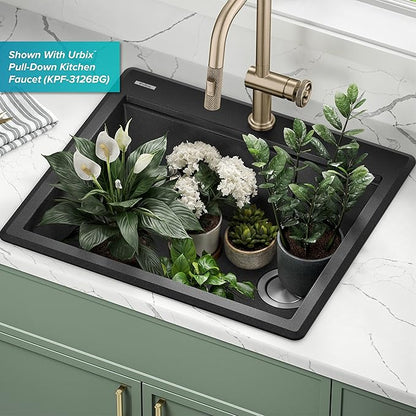 KRAUS Bellucci 25-inch Granite Workstation Drop In Top Mount Single Bowl Kitchen Sink in Metallic Black with Accessories, KGTW12-25MBL