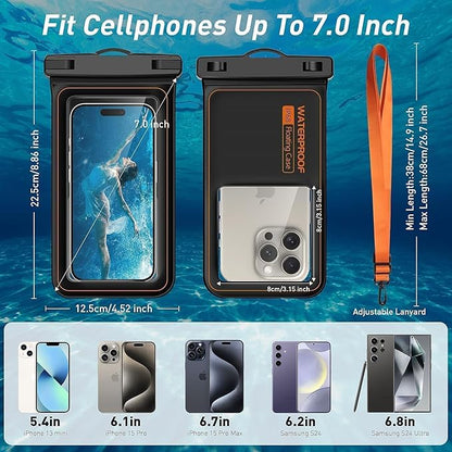 Marine IP68 Waterproof Phone Pouch, Floating Waterproof Dry Bag Compatible for iPhone 16 15 14 13 12 Pro Max Plus Up to 7"，Cellphone Cruise Essentials Must Haves, 1 Pack- Black/Hi-Vis Orange