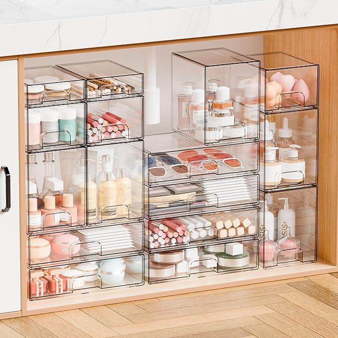 Yieach 4 Pack Clear Stackable Storage Drawers, 4.4'' Tall Acrylic Drawer - Image 8
