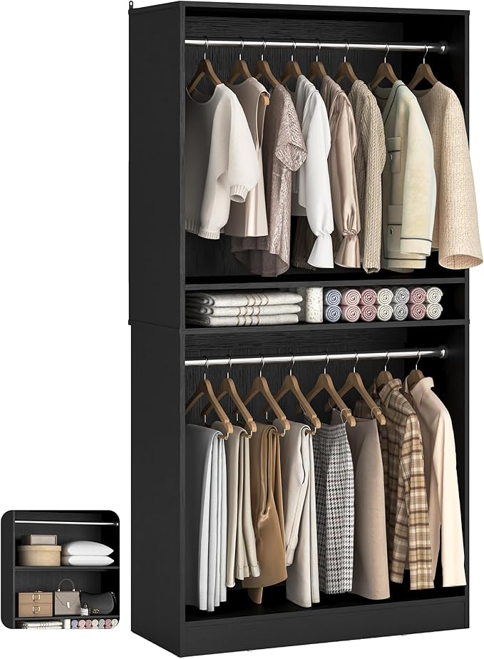 Unikito 3FT Freestanding Closet System with 2 Hanging Rods & Adjustable Shelve, 36'' Wood Closet Organizer System, Clothes Garment Rack, Sturdy Walk-in Closet Tower, Easy Assembly, Hold 800LBS, Black