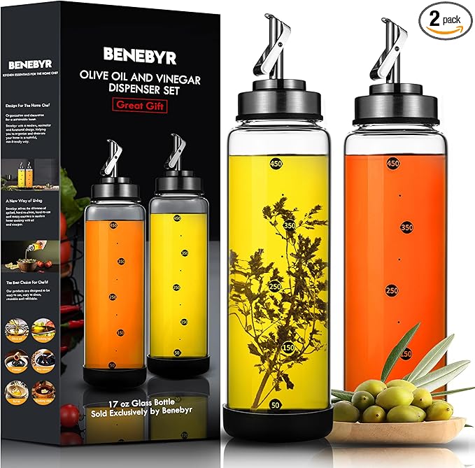 Glass Olive Oil Dispenser Bottle for Kitchen Shatterproof & Leakproof Oil and Vinegar Dispenser Set with Stainless Steel Spout & Rubber Bottom 17 oz Olive Oil Bottle for Cooking, Set of 2