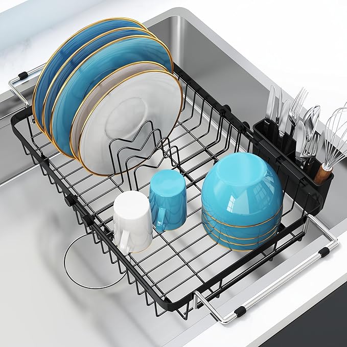 romision Expandable Dish Drying Rack Over The Sink Small Metal Stainless Steel Plate Holder for Compact Kitchen, Space Saving Modern Black Hanging Drainer