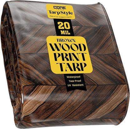 Core Tarps Extreme Heavy Duty 20 Mil Tarp Cover, Waterproof, UV Resistant, Rip and Tear Proof, Poly Tarpaulin with Reinforced Edges for Roof, Camping, Patio, Pool, Boat (Brown Wood/Black 24′ X 24′)