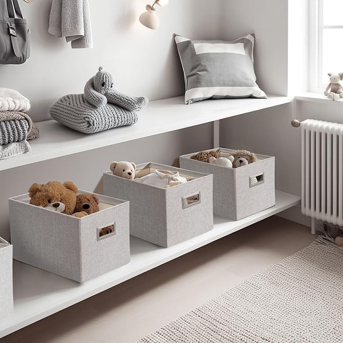 DECOMOMO Storage Bins for Shelves Robust Fabric Closet Bins for Shelves Toy Storage Clothes Books (Pack of 3 – Light Grey)