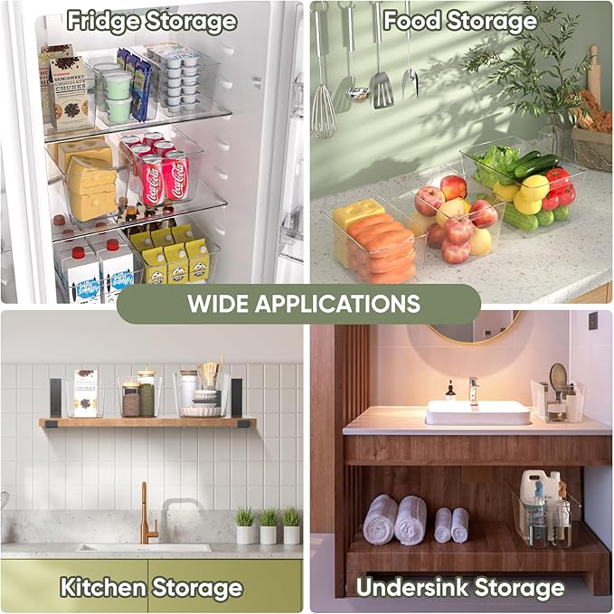 BALEINE Clear Plastic Storage Bins, Pantry Organization, BPA Free Stackable Refrigerator Organizers and Storage with Handles for Kitchen Fridge Cabinet Bathroom (4PK, 11x7.5x6)