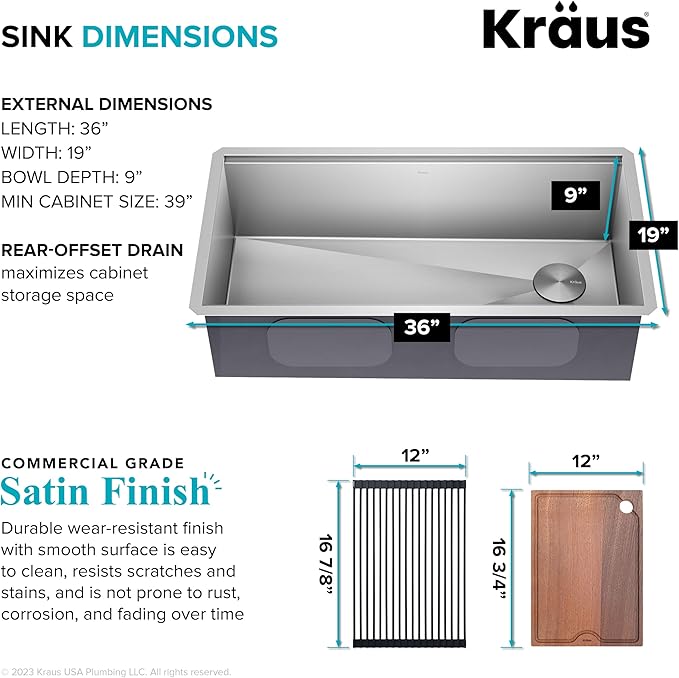 KRAUS Kore 36-Inch Undermount Workstation 16 Gauge Single Bowl Stainless Steel Kitchen Sink with Accessories, KWU110-36