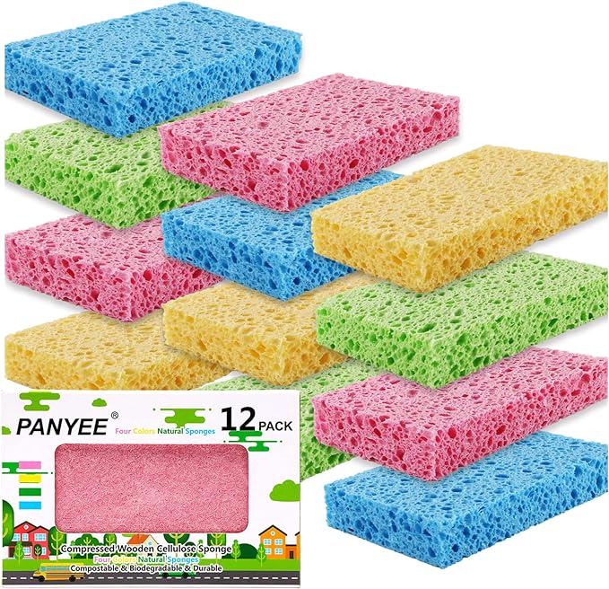Compressed Cellulose Kitchen Sponges 12Pack，Non-Scratch Biodegradable Natural by PANYEE