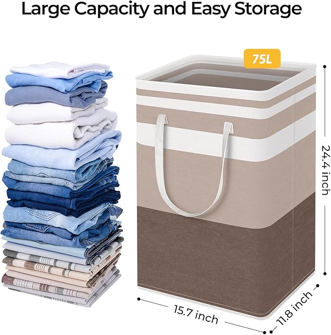 HomeHacks 2-Pack Large Laundry Basket, Waterproof, Freestanding Laundry Hamper, Collapsible Tall Clothes Hamper with Extended Handles for Clothes Toys in the Dorm and Family (Brown, 75L)