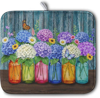 Hydrangea Dish Drying Mat Spring Summer Floral Jars Kitchen Drying Mats by Kwlegh